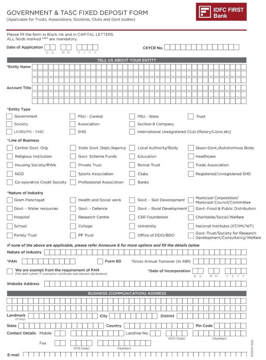 IDFC First Bank Fixed deposit booking form for NTB TASC Entities PDF Download