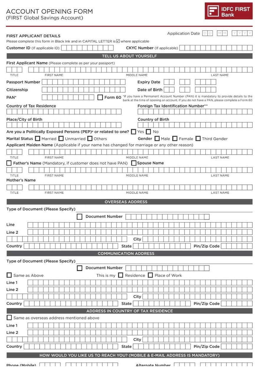 IDFC First Bank Global Savings Account Opening Form-Editable PDF Download