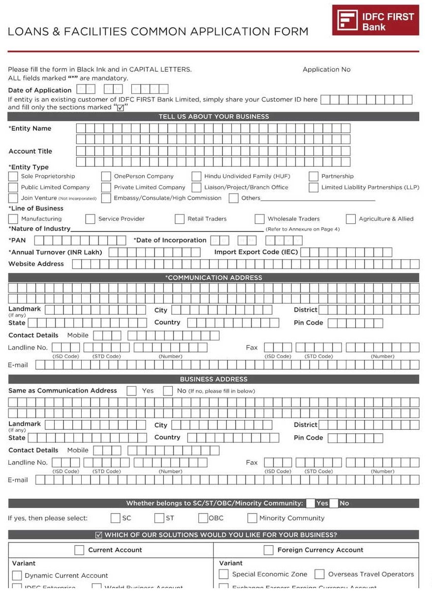 IDFC First Bank Loan Application Form for MSME PDF Download