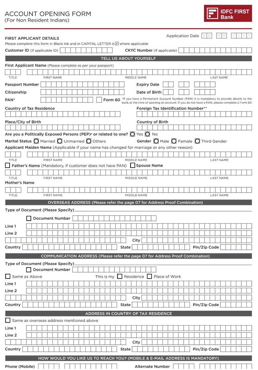 IDFC First Bank NRI Account Opening Form – Editable PDF Download