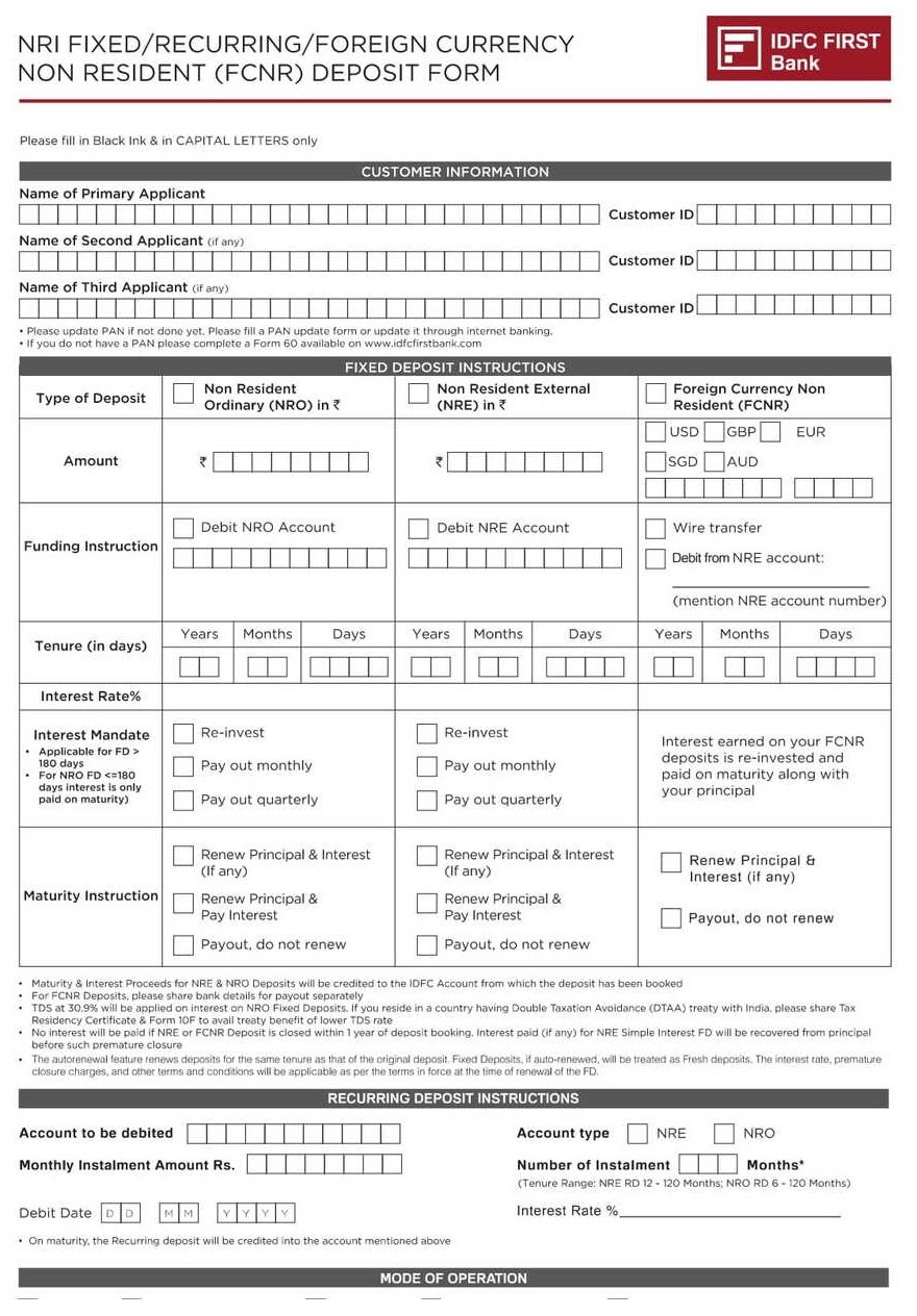 IDFC First Bank NRI Fixed Deposit Form PDF Download