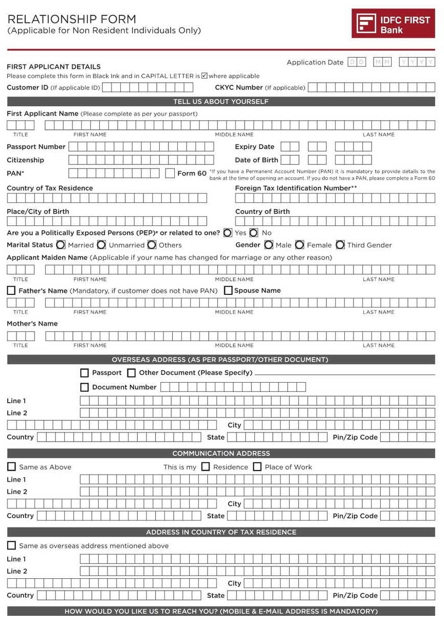 IDFC First Bank NRI Relationship Form PDF Download