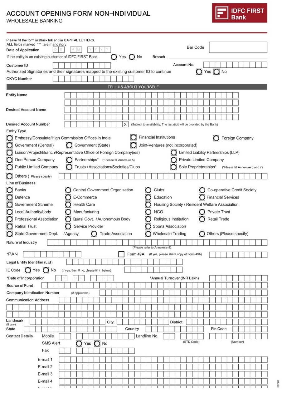 IDFC First Bank Non Individual AC Opening Form PDF Download