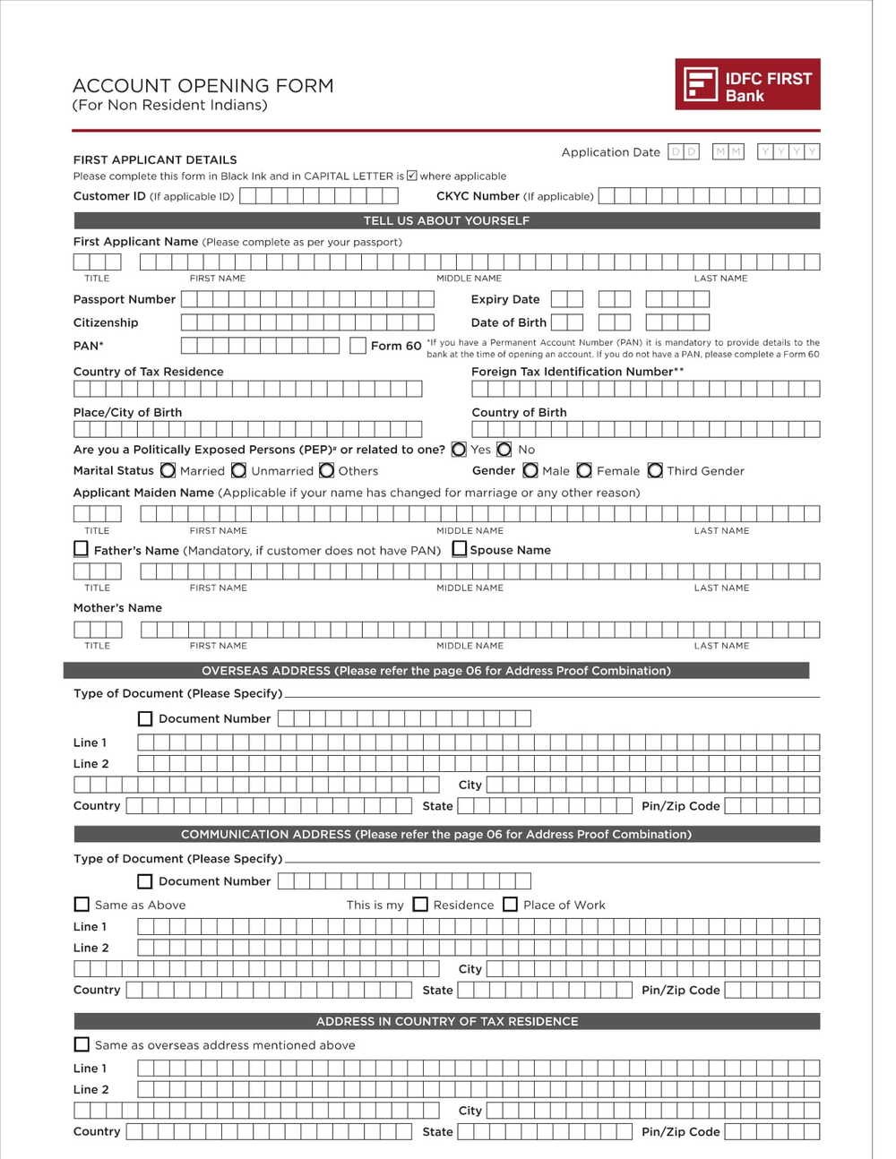 IDFC First Bank PIS (Portfolio Investment Scheme) Account opening form PDF Download