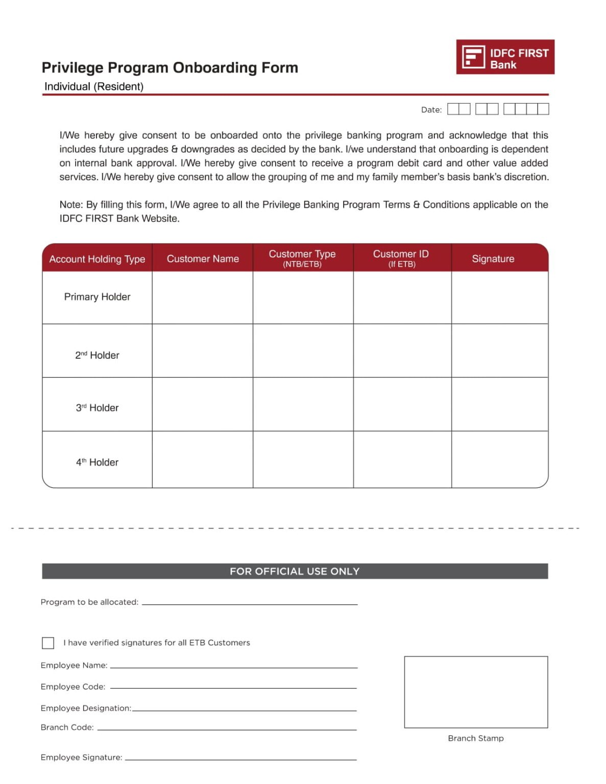 Sample Privilege Form IDFC First Bank RTGS Form PDF Download