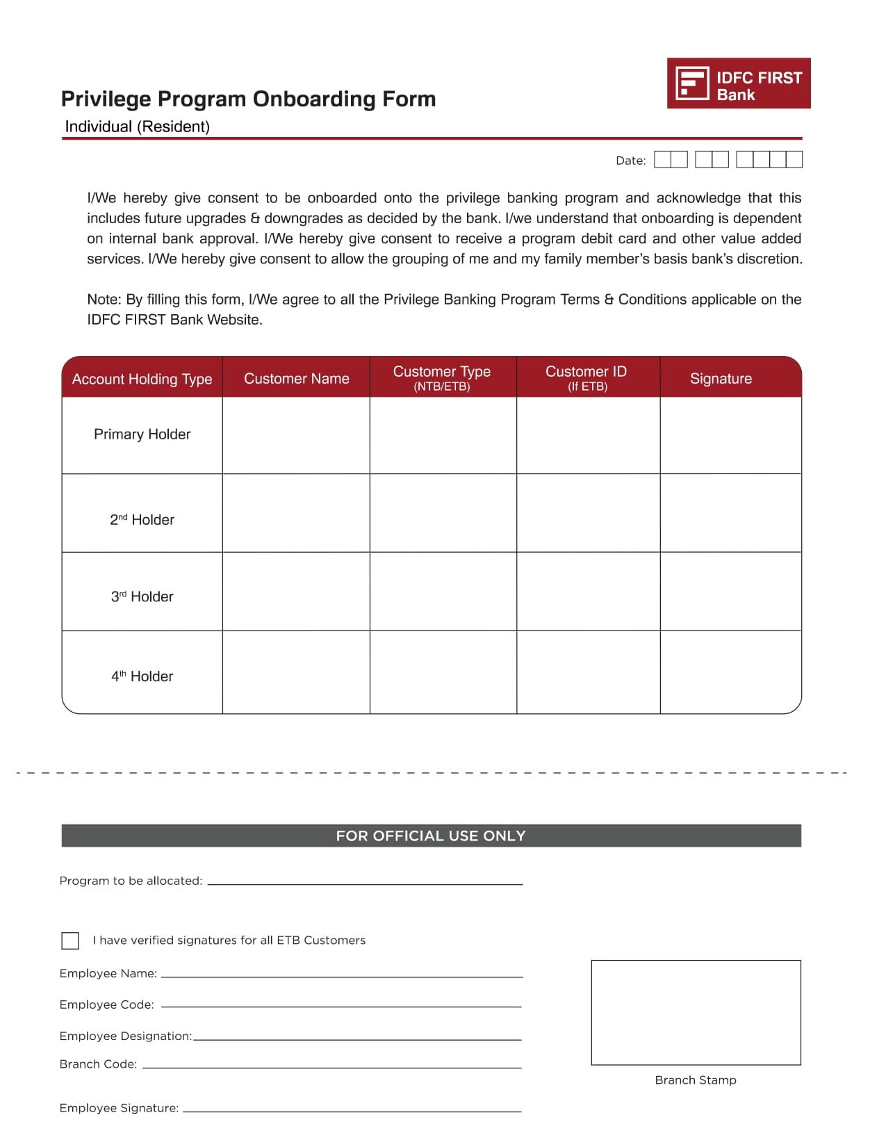 IDFC First Bank Privilege Program NTB Consent Form – Individual (Resident) PDF Download