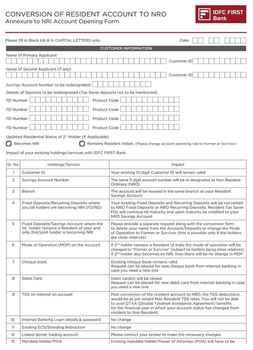 IDFC First Bank Resident to NRO Account Conversion Form – Editable PDF Download