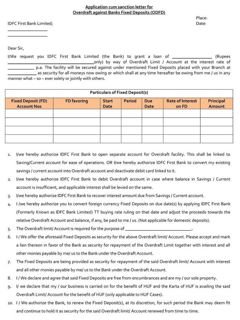 IDFC First Bank Sanction Letter for Overdraft Against Fixed Deposit PDF Download