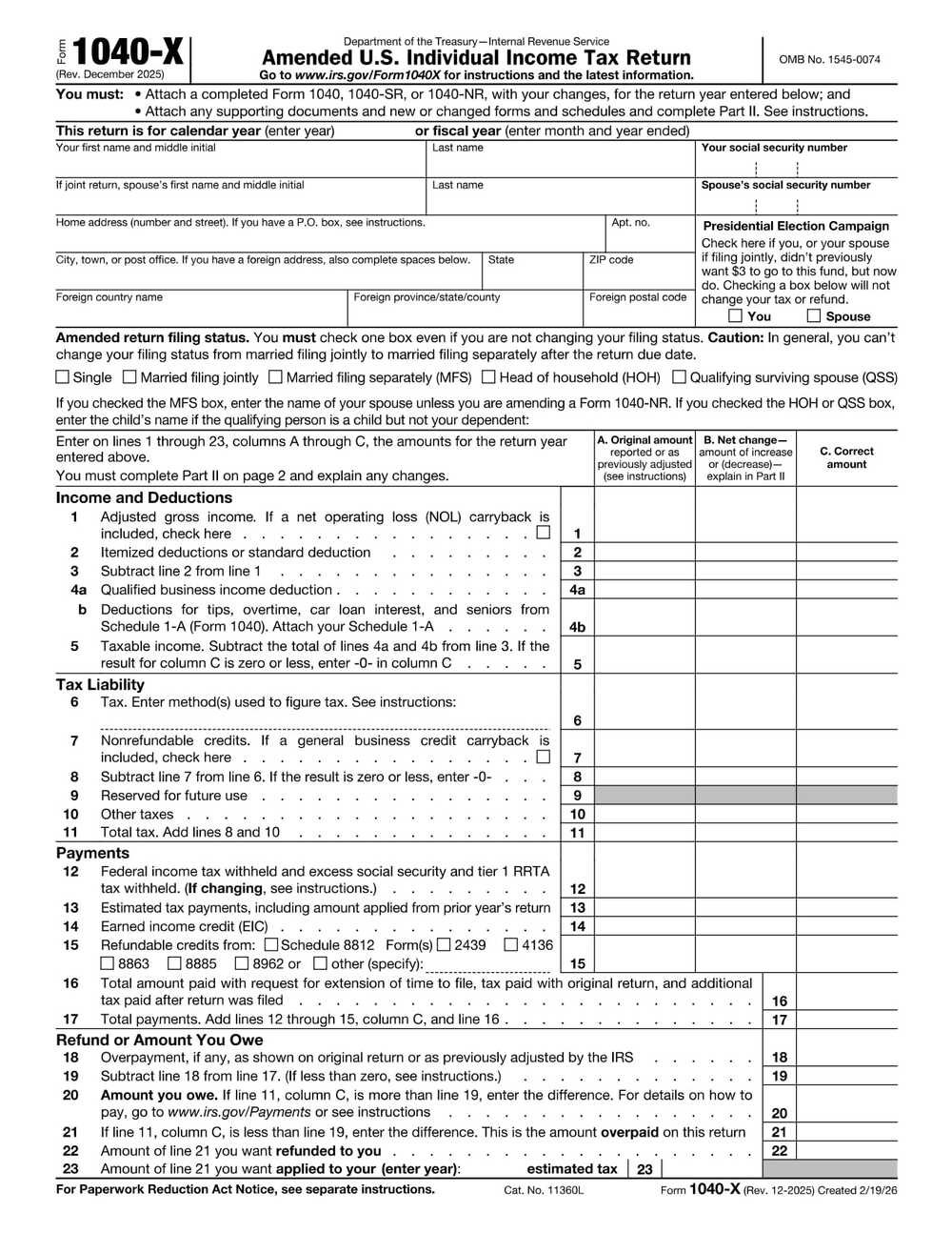 IRS Form 1040-X PDF Download – Amended Tax Return Form