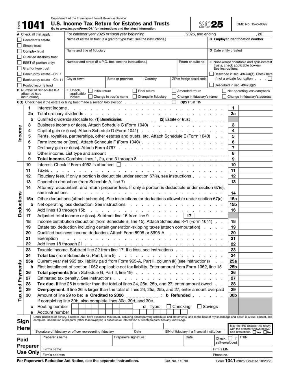 IRS Form 1041 PDF Download – Estates and Trusts Tax Return