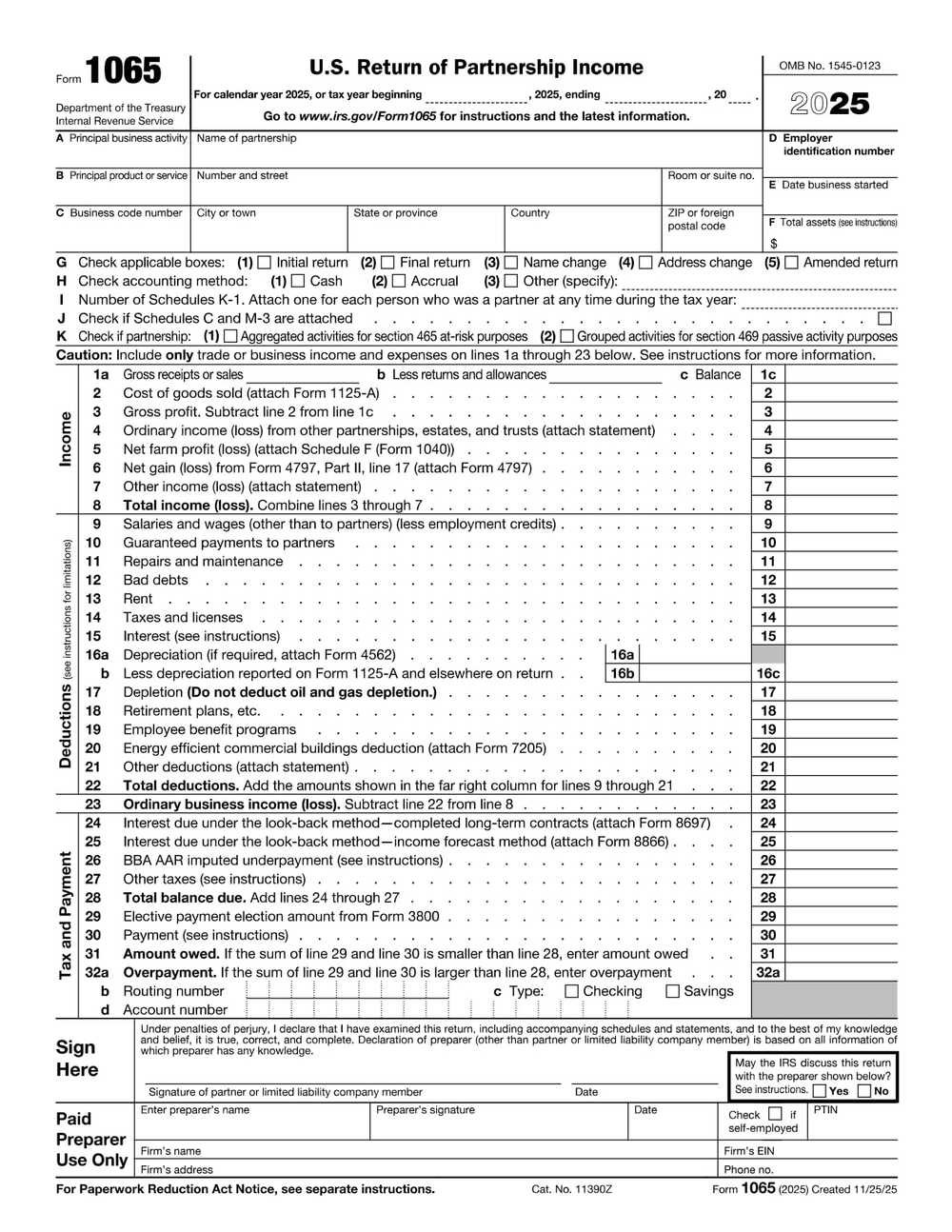 IRS Form 1065 PDF Download – U.S. Return of Partnership Income