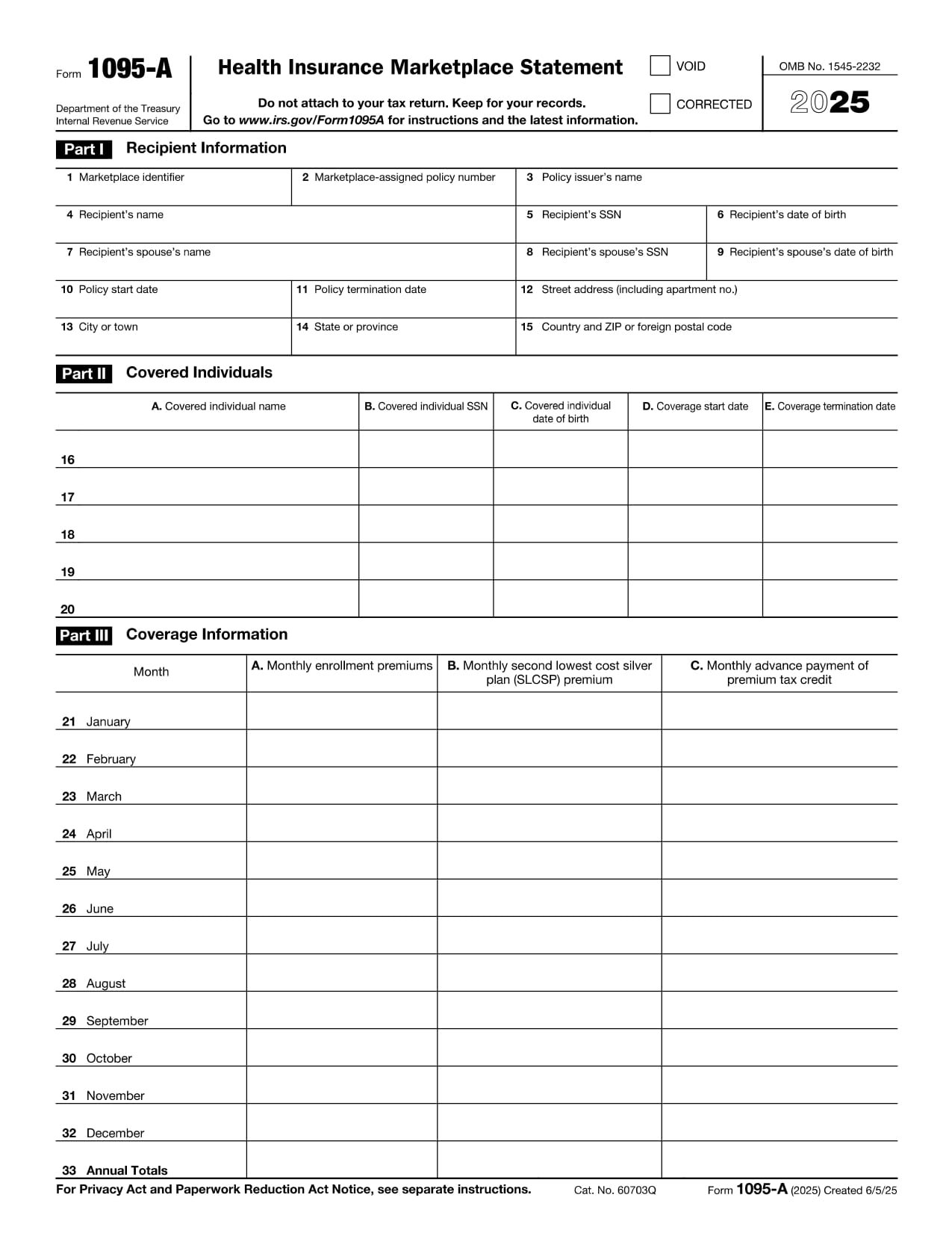 IRS Form 1095-A PDF Download – Health Insurance Marketplace Statement