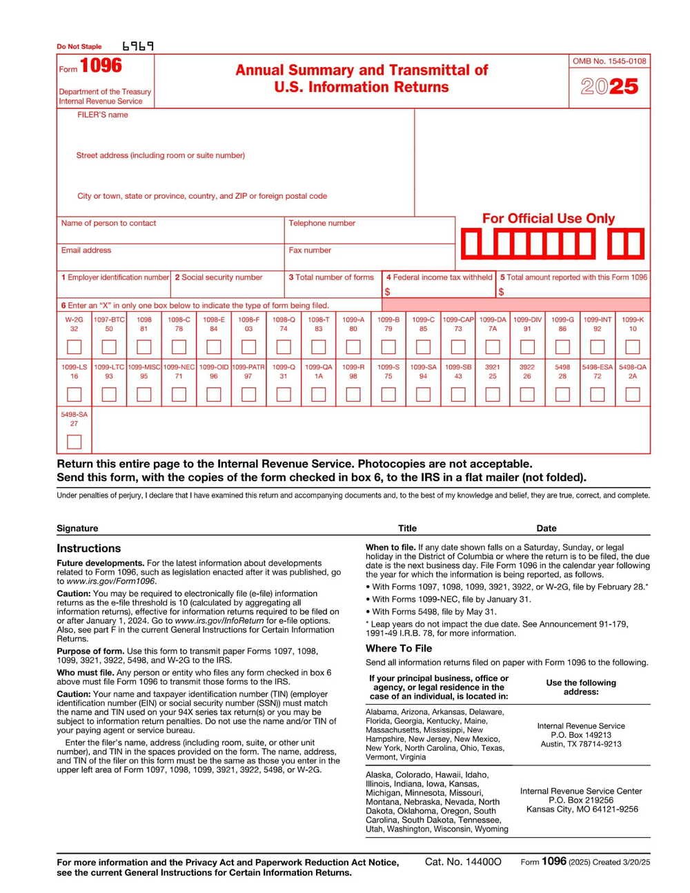 IRS Form 1096 PDF Download – Annual Summary and Transmittal Form