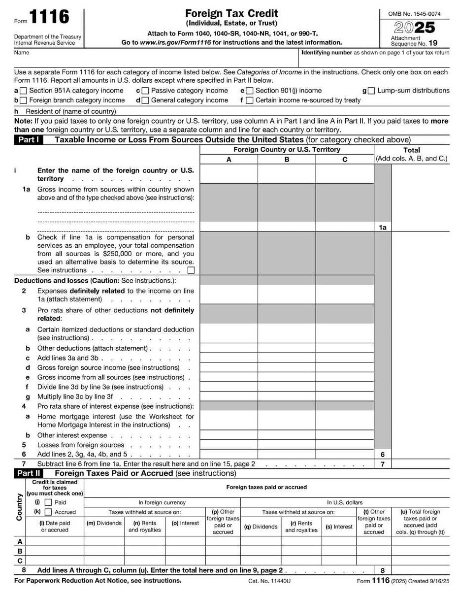 IRS Form 1116 PDF Download – Foreign Tax Credit Form