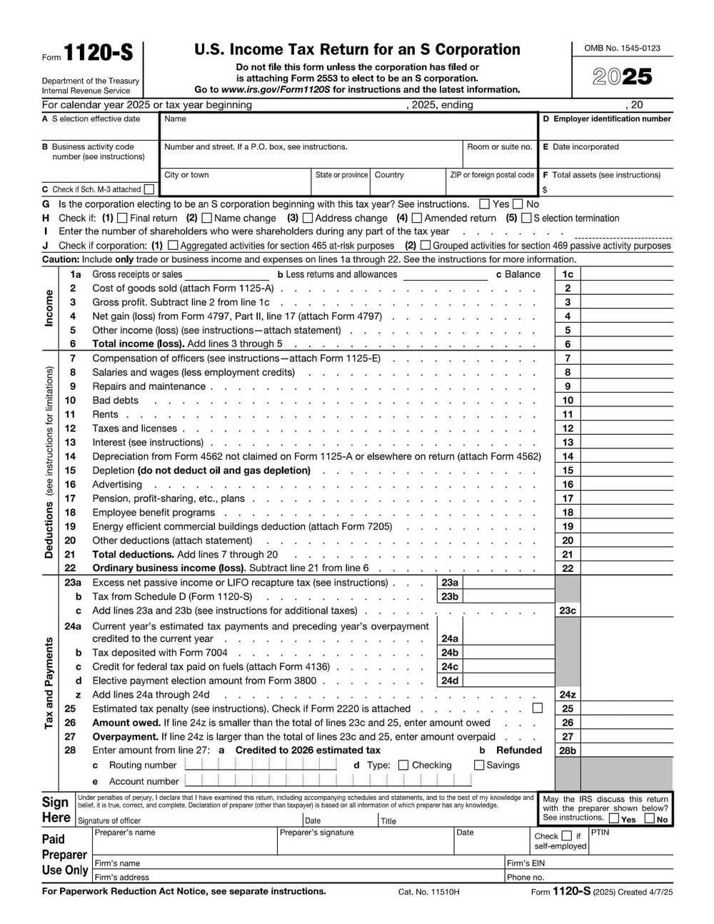 IRS Form 1120-S PDF Download – S Corporation Tax Return