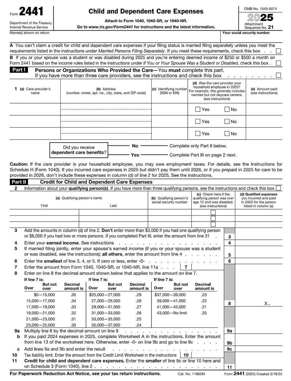 IRS Form 2441 PDF Download – Child Care Expense Credit