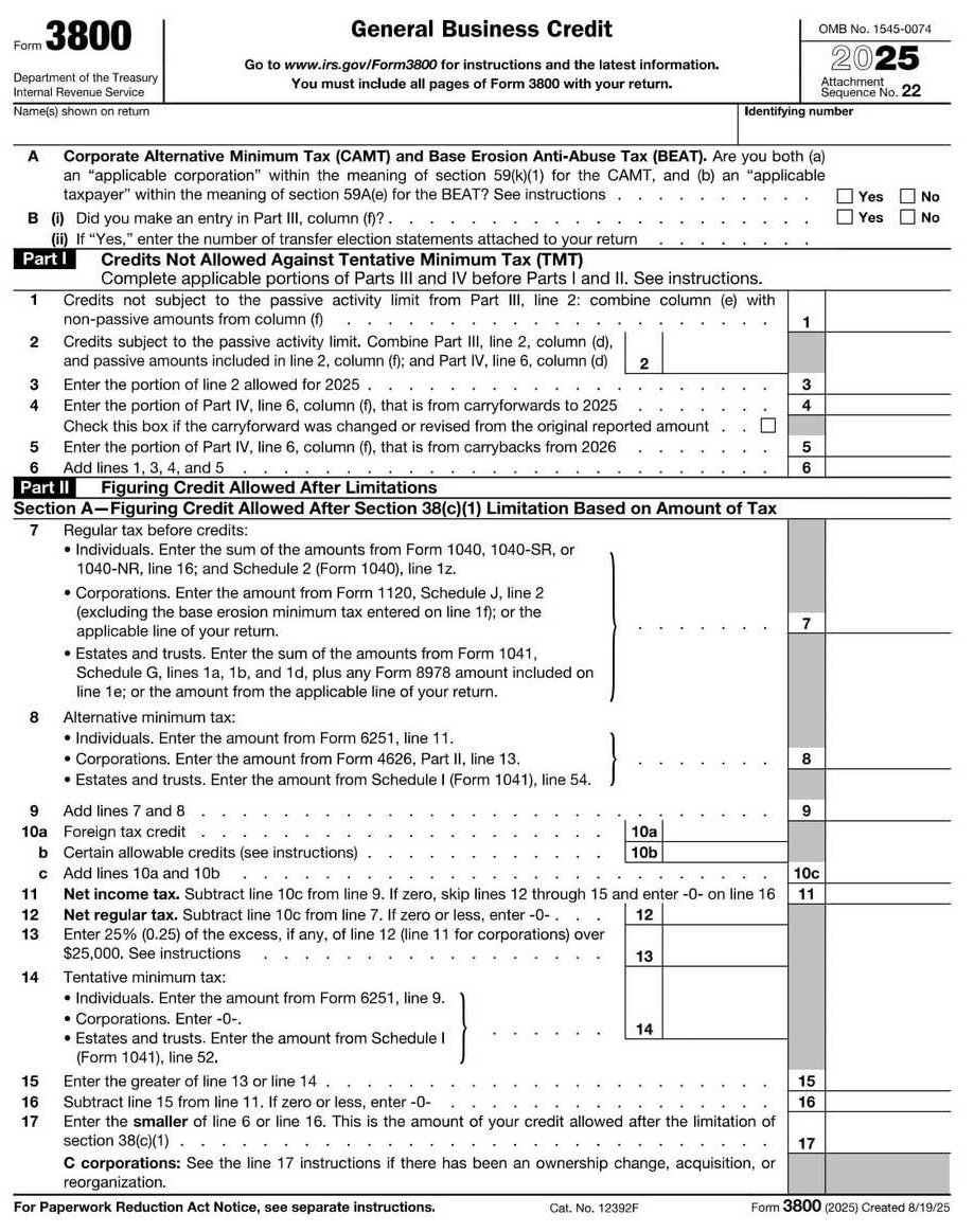IRS Form 3800 PDF Download – General Business Credit Form