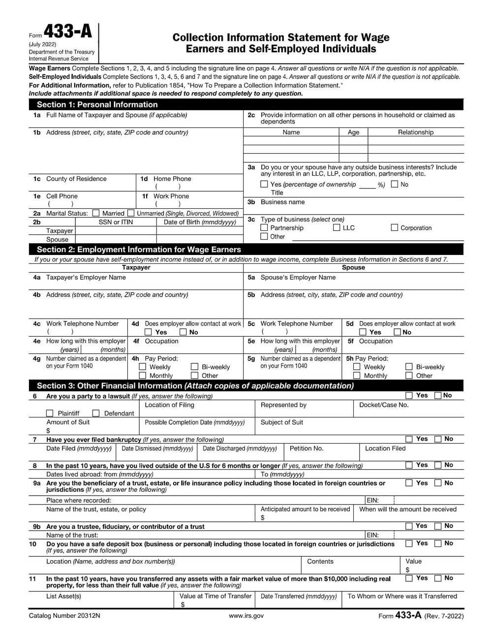 Collection Fund Statement IRS Form 433-A PDF Download – Collection Information Statement
