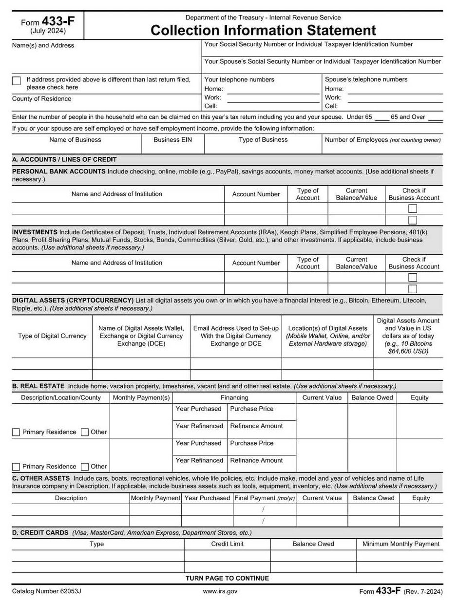 IRS Form 433-F PDF Download – Collection Information Statement