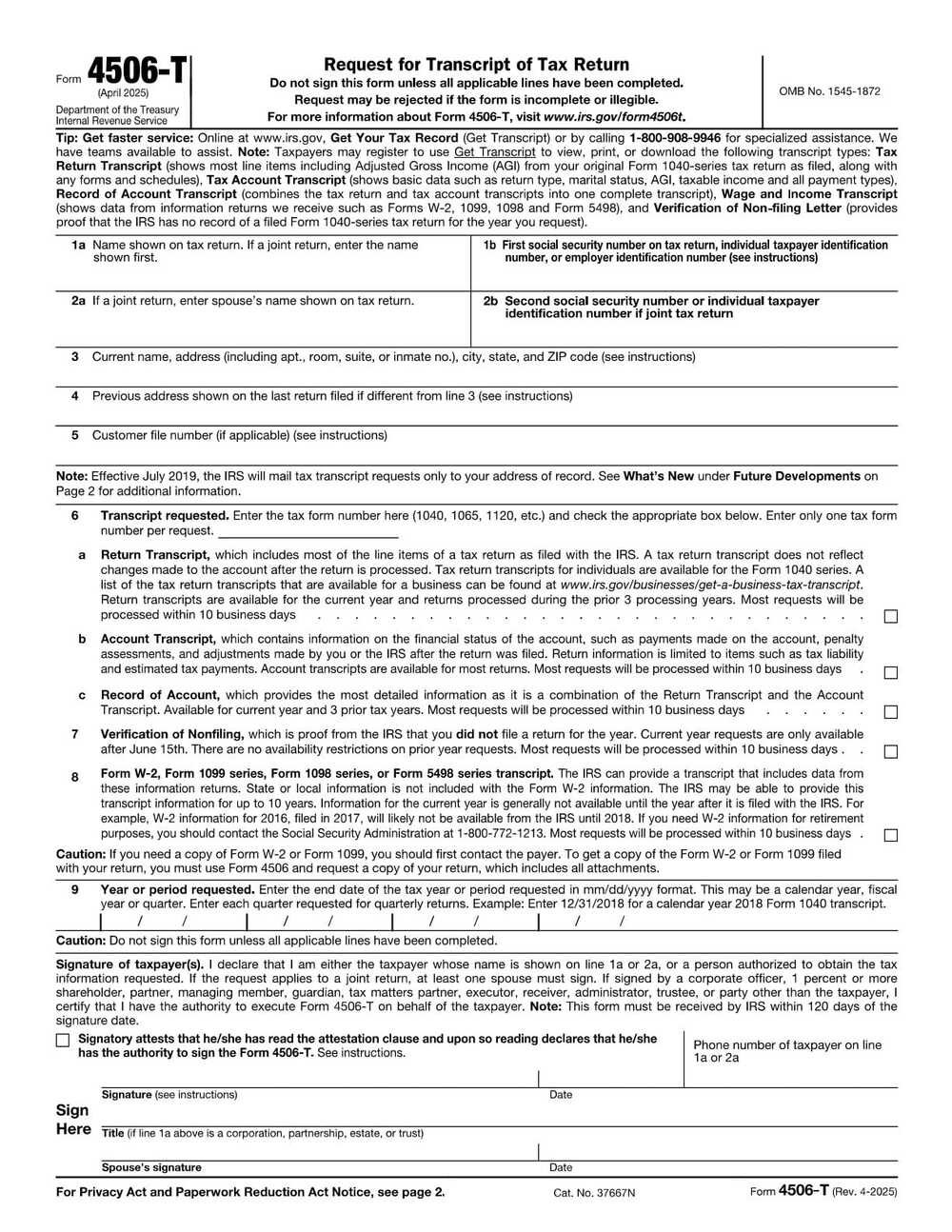 IRS Form 4506-T PDF Download – Request for Transcript of Tax Return