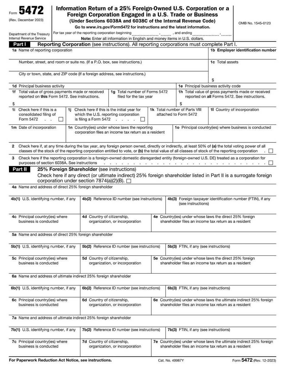 IRS Form 5472 PDF Download – Foreign-Owned Corporation Report