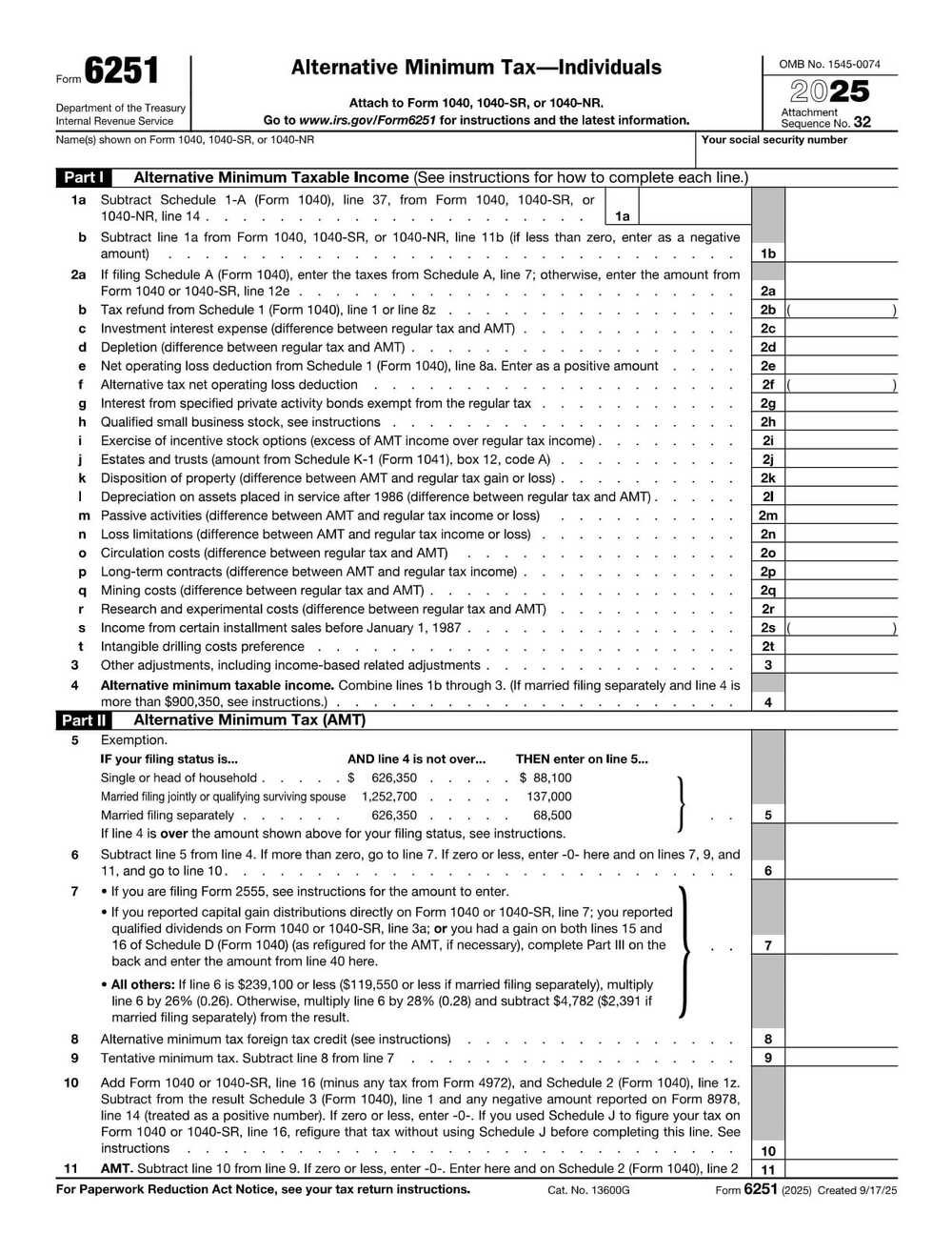 IRS Form 6251 PDF Download – Alternative Minimum Tax Form