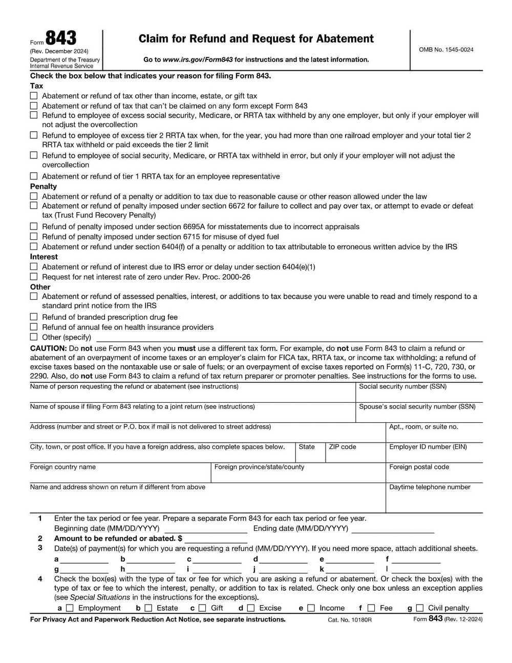 IRS Form 843 PDF Download – Claim for Refund