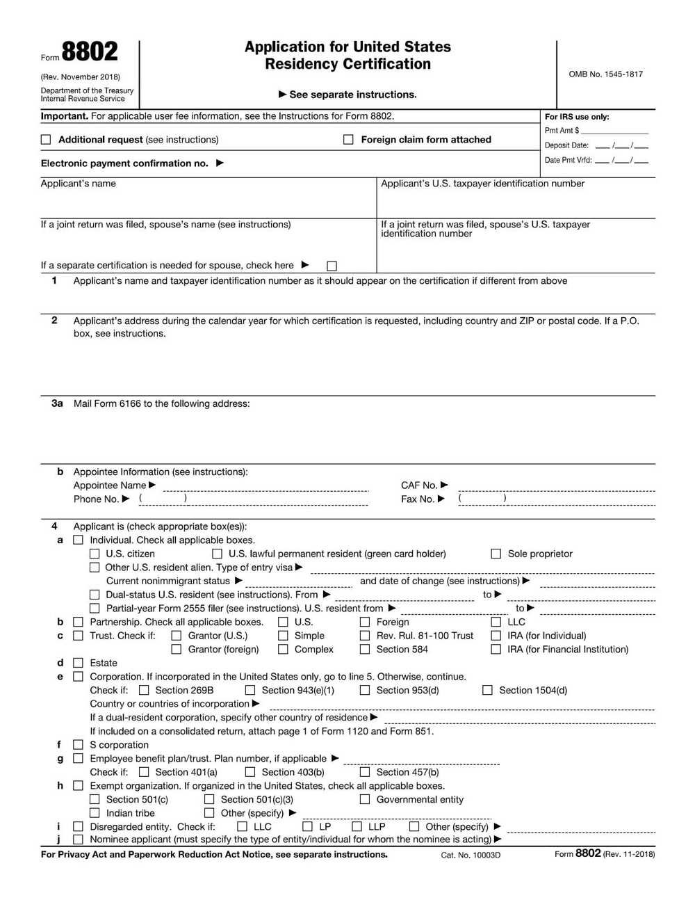 IRS Form 8802 PDF Download – Residency Certification