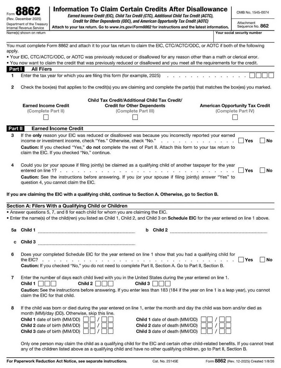 IRS Form 8862 PDF Download – Earned Income Credit Claim