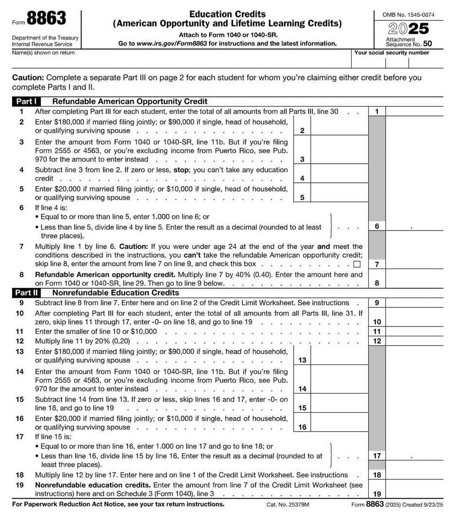 IRS Form 8863 PDF Download – Education Credits Form
