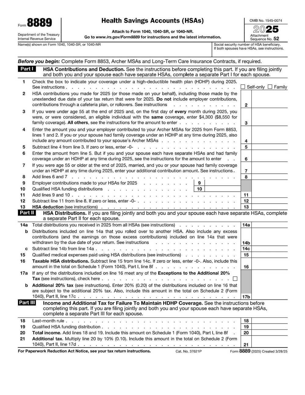 IRS Form 8889 PDF Download – Health Savings Account Form
