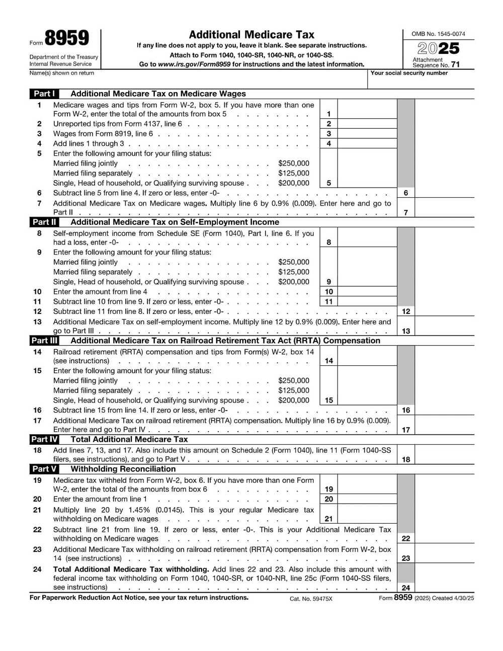 IRS Form 8959 PDF Download – Additional Medicare Tax
