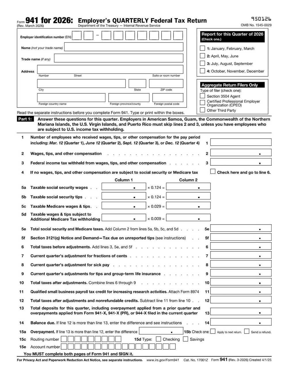 IRS Form 941 PDF Download – Employer’s Quarterly Federal Tax Return