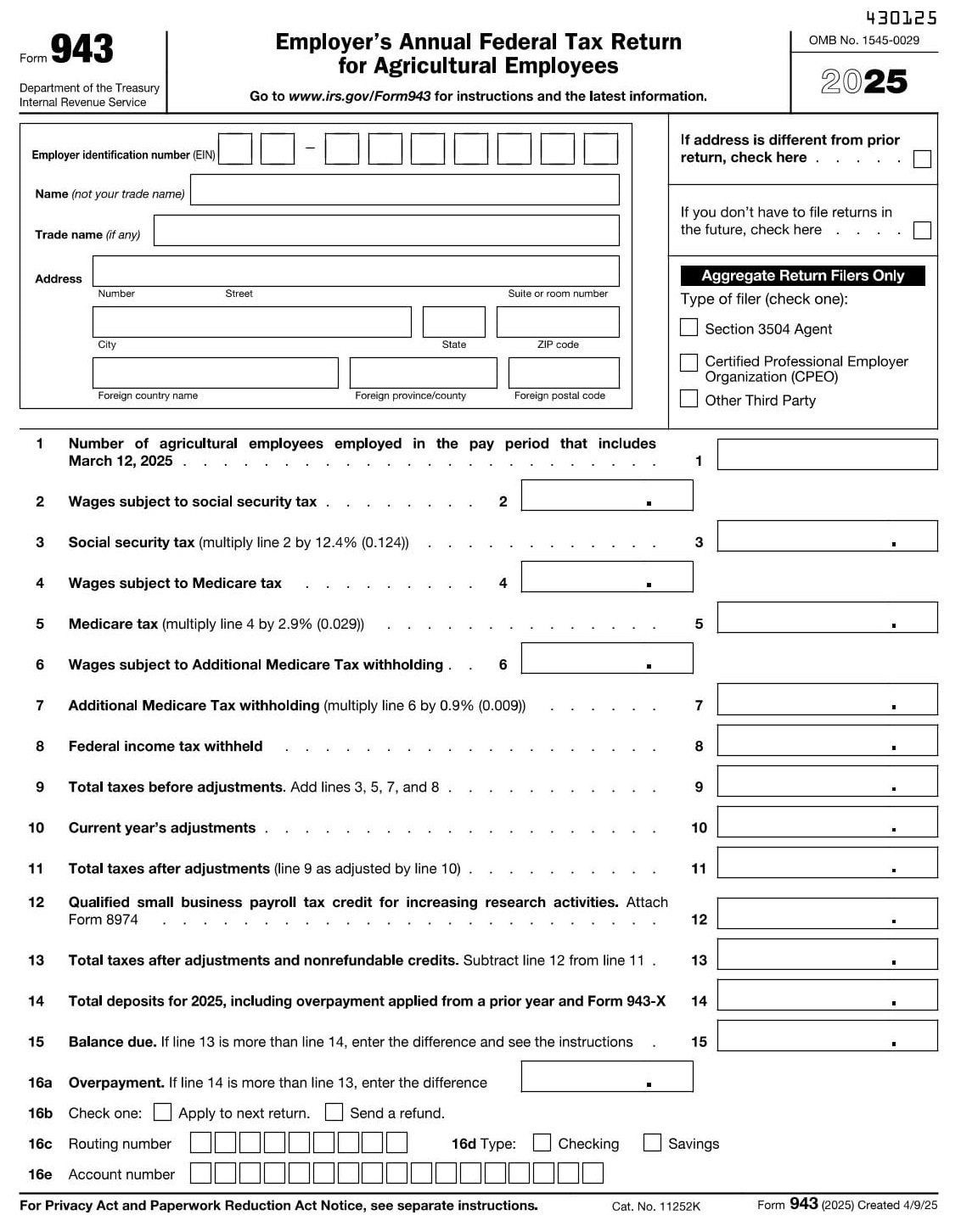 IRS Form 943 PDF Download – Agricultural Employees Tax Return