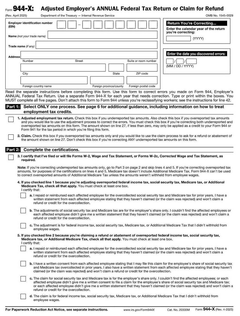 IRS Form 944-X PDF Download – Adjusted Annual Tax Return