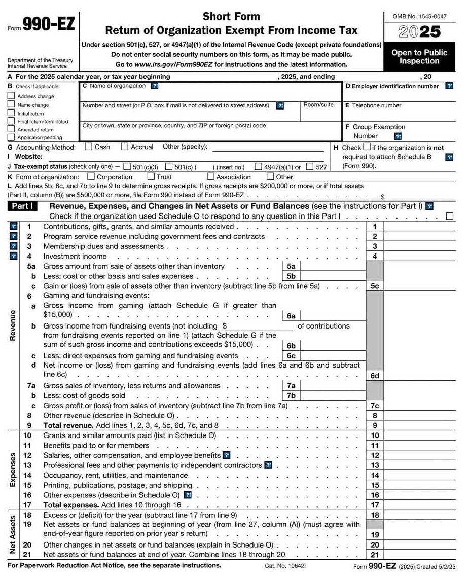 Sample Form 990 IRS Form 990-EZ PDF Download – Nonprofit Short Return
