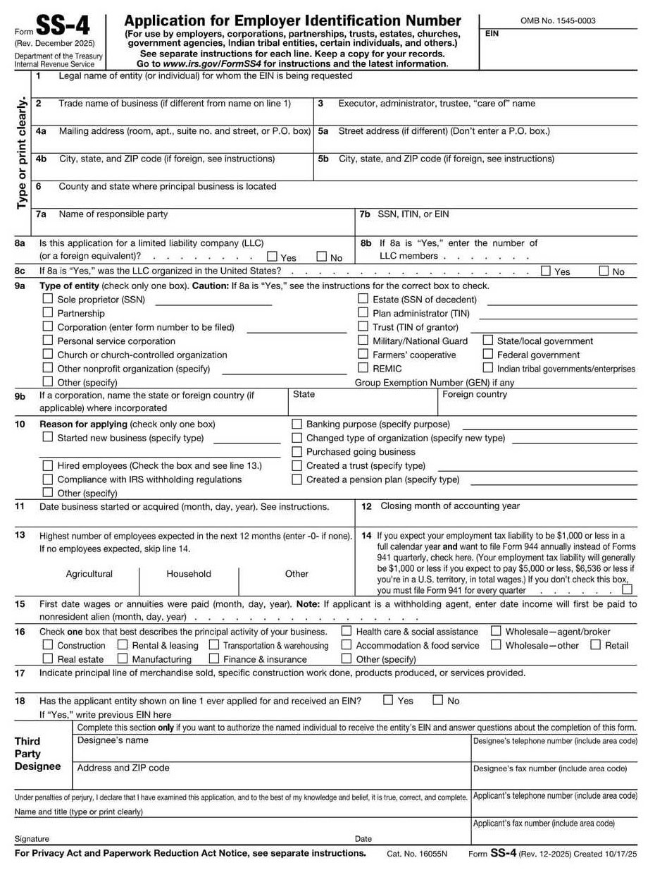 IRS Form SS-4 PDF Download – Application for EIN