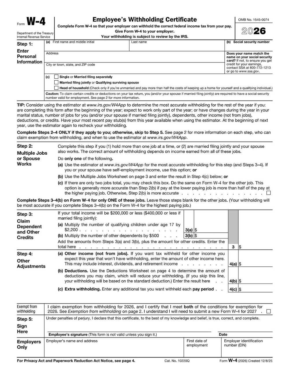 IRS Form W-4 PDF Download – Employee’s Withholding Certificate