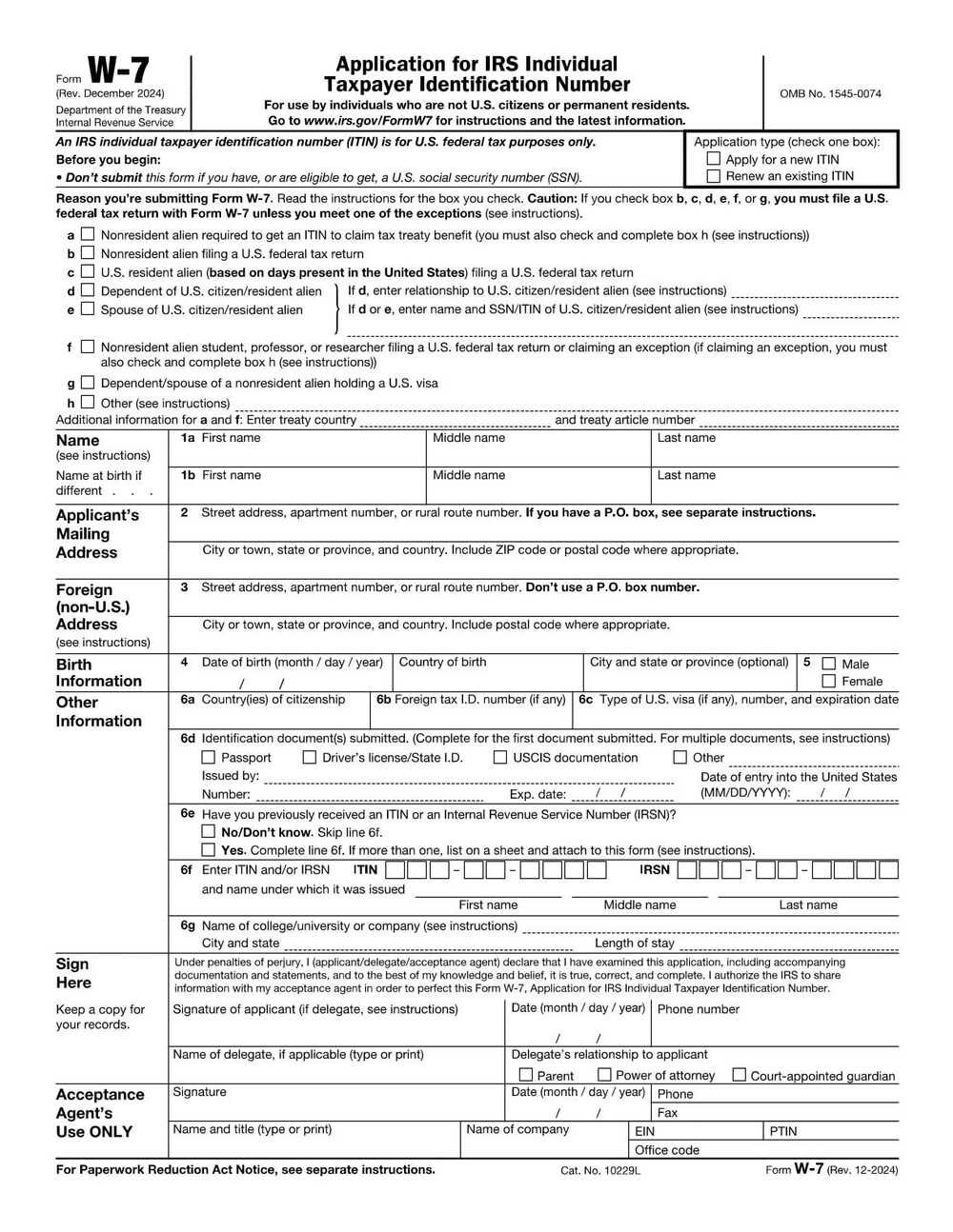 IRS Form W-7 PDF Download – ITIN Application Form