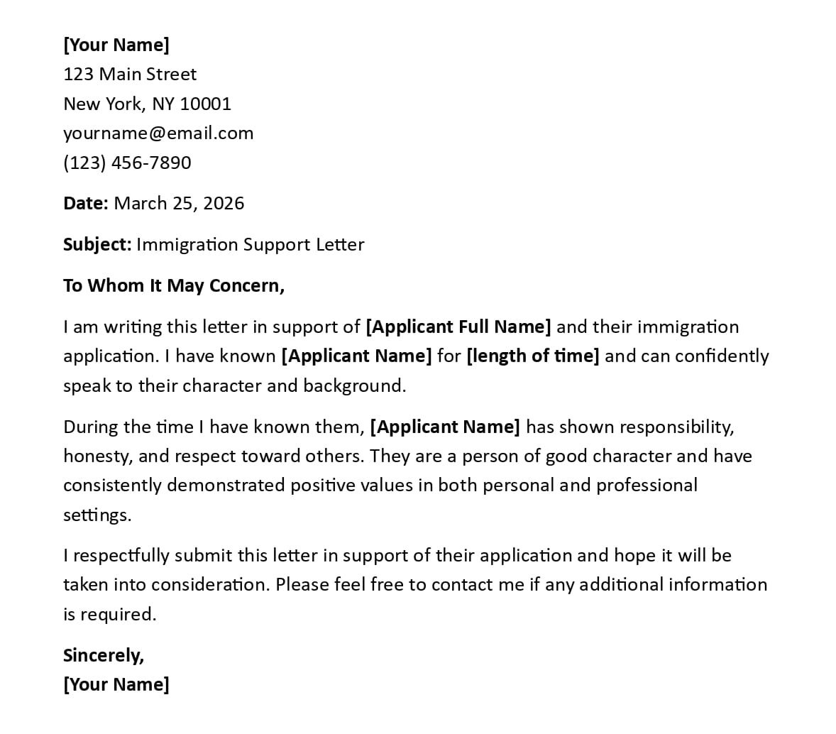 Immigration Support Letter