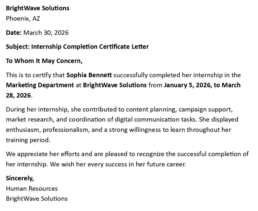 Internship Completion Certificate Letter