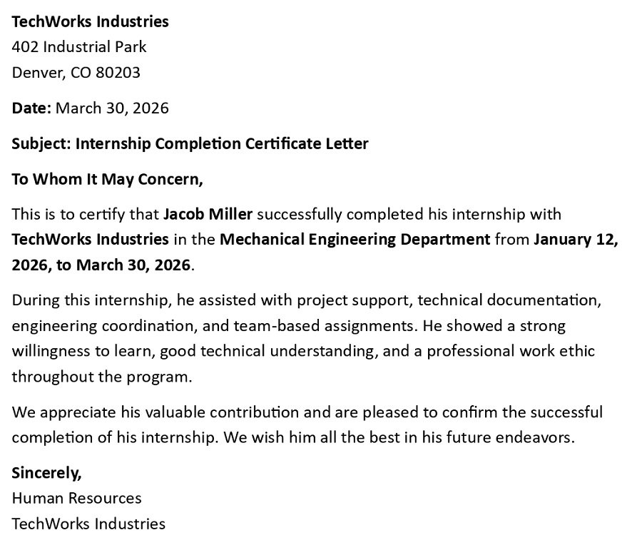 Internship Completion Certificate Letter