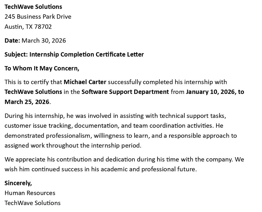 Internship Completion Certificate Letter