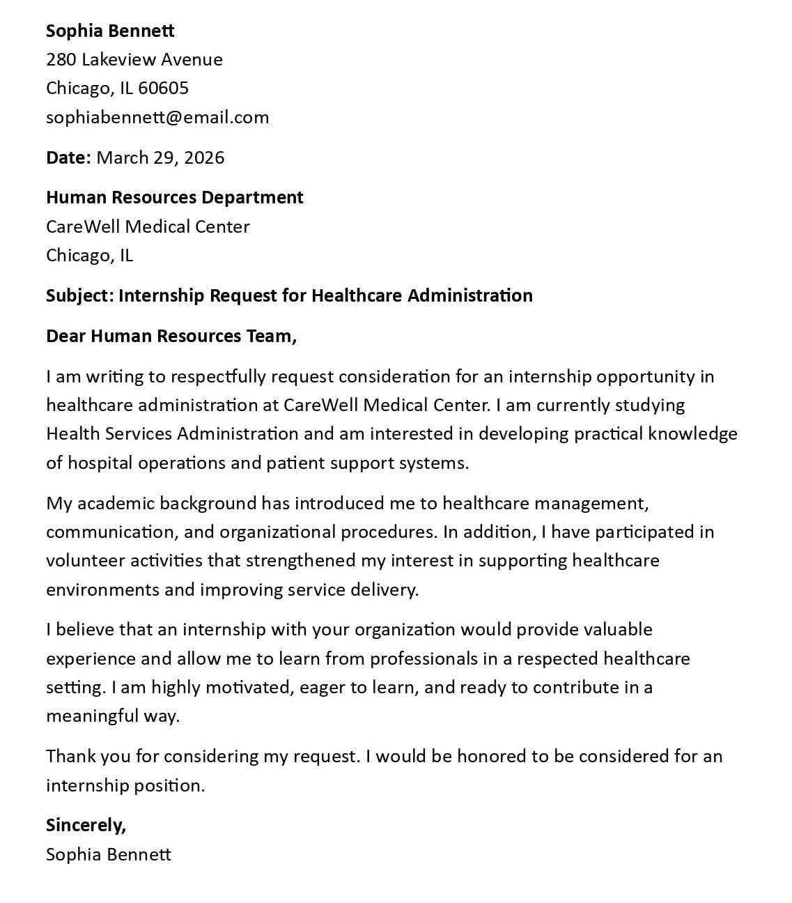 Internship Request for Healthcare Administration