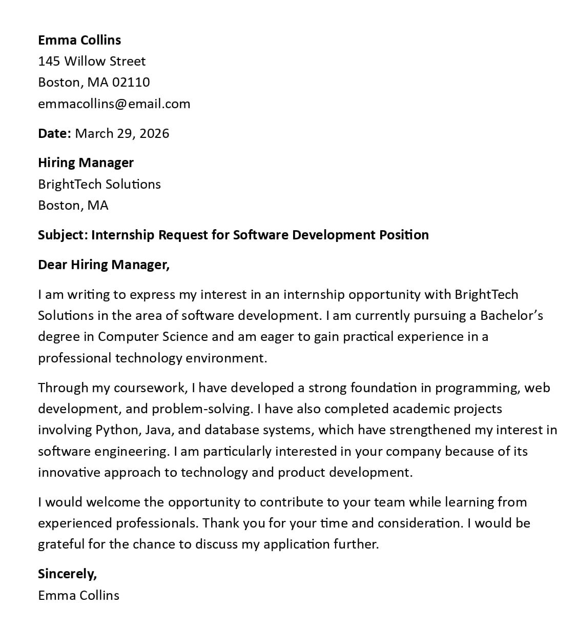 Internship Request for Software Development Position
