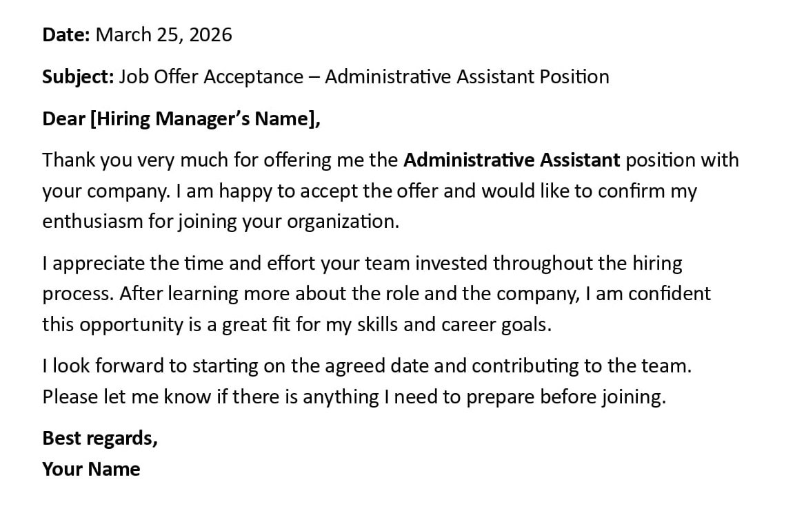 Job Offer Acceptance – Administrative Assistant Position