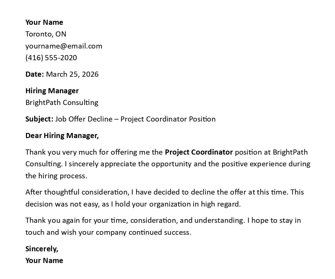 Job Offer Decline – Project Coordinator Position