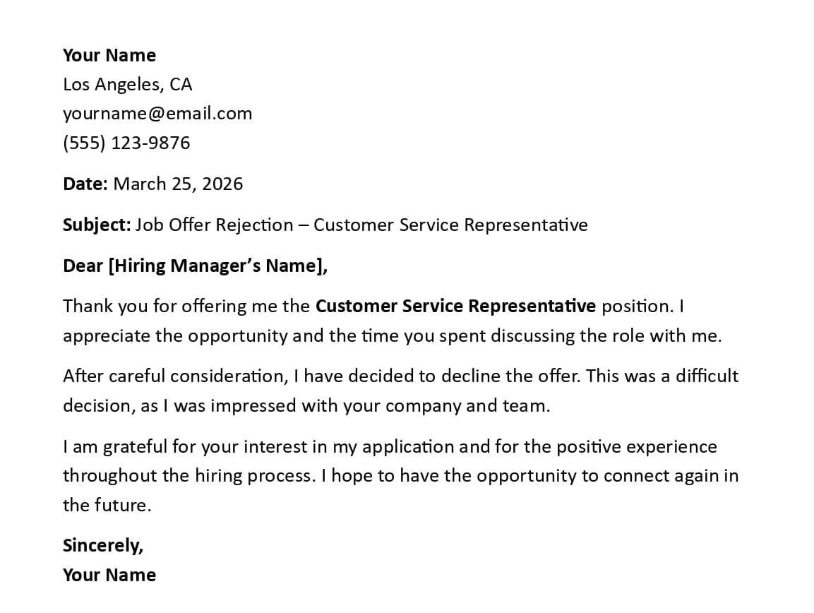 Job Offer Rejection – Customer Service Representative