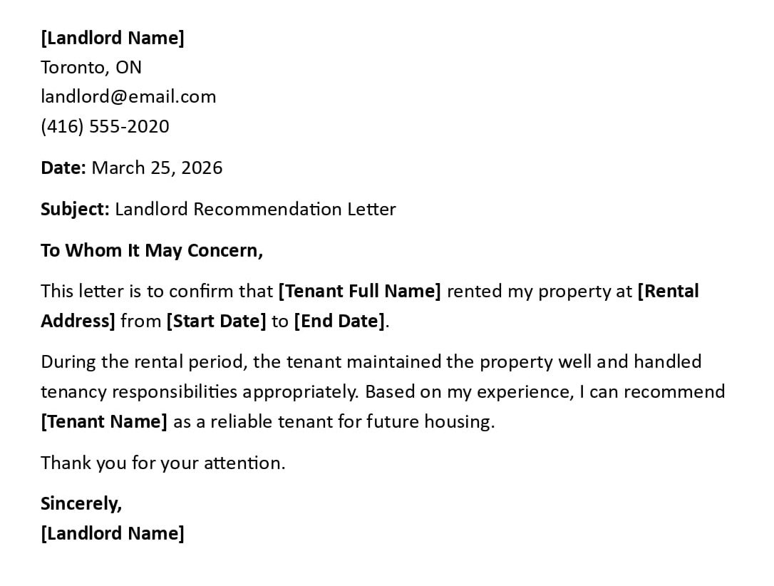 Landlord Recommendation Letter