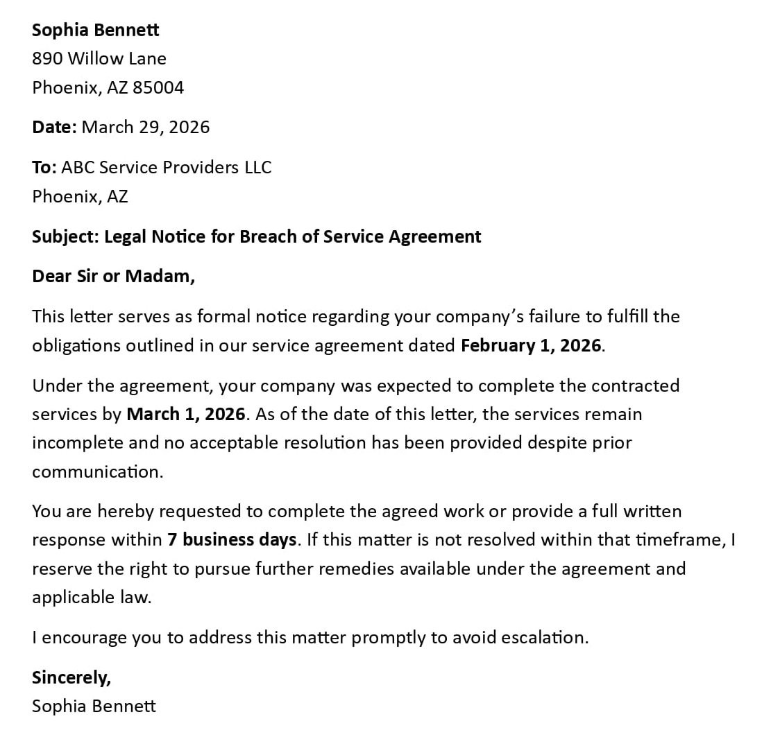 Legal Notice for Breach of Service Agreement